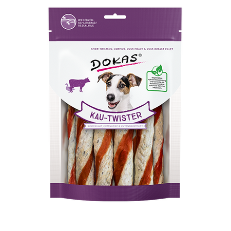 Produktbild für Dokas Dog Kau-Twister Rinderhaut, Entenherz & Entenbrust 200g Beutel
