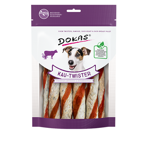 Produktbild für Dokas Dog Kau-Twister Rinderhaut, Entenherz & Entenbrust 200g Beutel